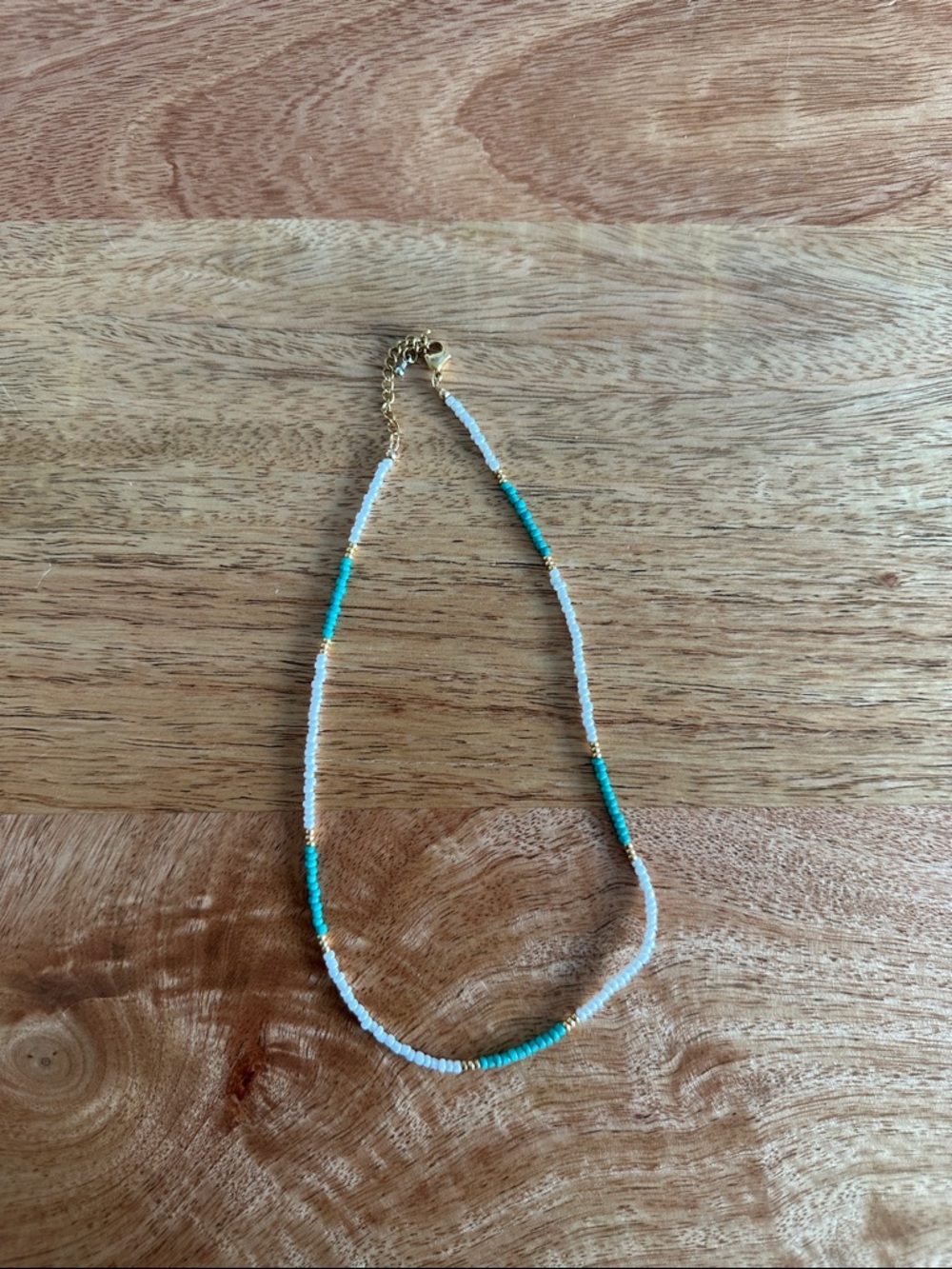 Delicate White and Teal Beaded Necklace - Gold Accents